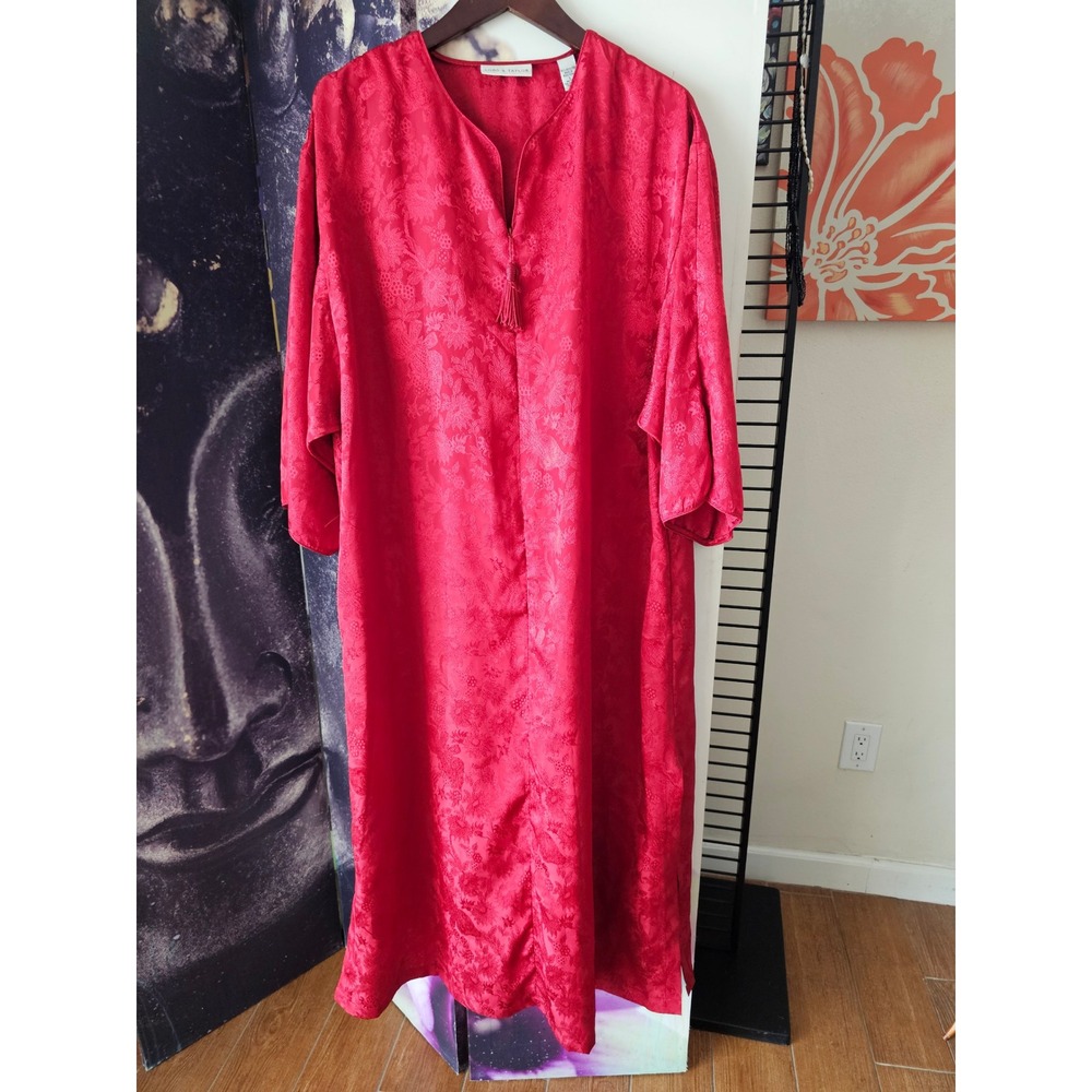 Lord & Taylor Red Floral Jacquard Kaftan Robe Tassel V-Neck Kimono Sleeve Large